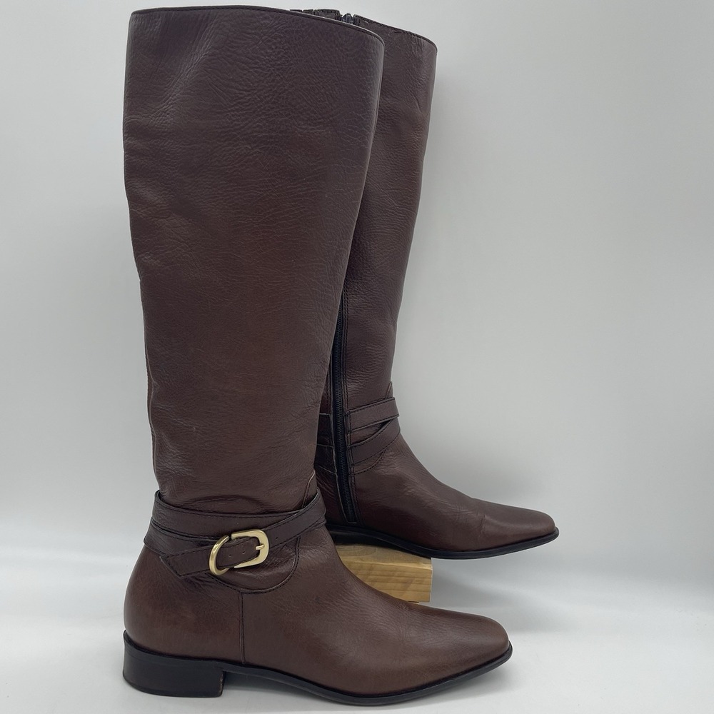 Talbots Womens 7AA Riding Boots Tall Brown Pebbled Leather Gold Buckle Full Zip - Picture 2 of 16